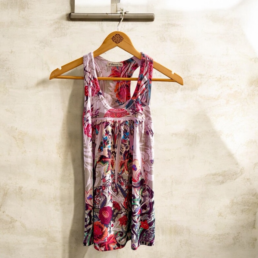 Forever TwentyOne Pink Floral Racer Back Tunic 💗 Boho Festival Retro Stretch